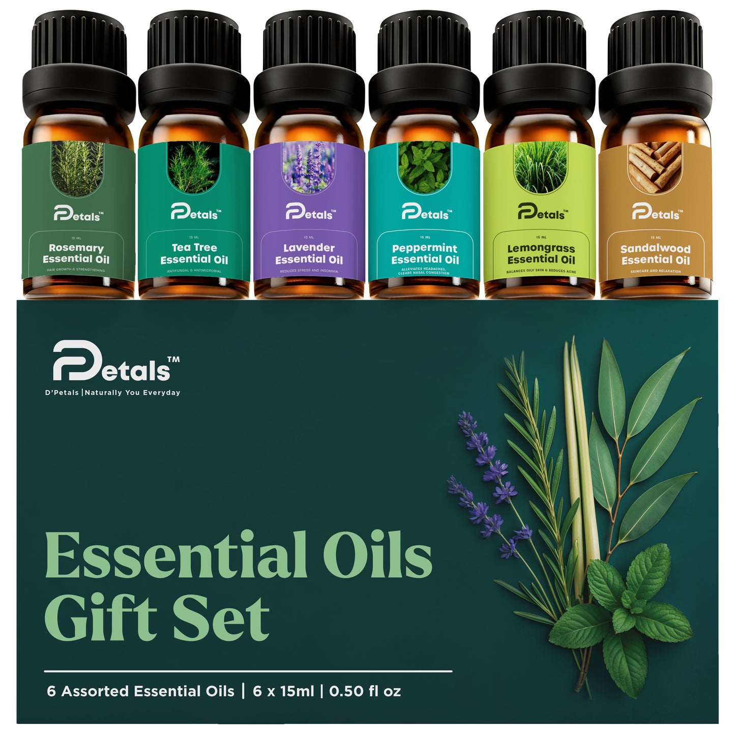 Essential Oils Combo Set, 6 x 15ml, Rosemary, Tea Tree, Lavender, Peppermint, Lemongrass, Sandalwood or Eucalyptus for Aromatherapy and Diffuser